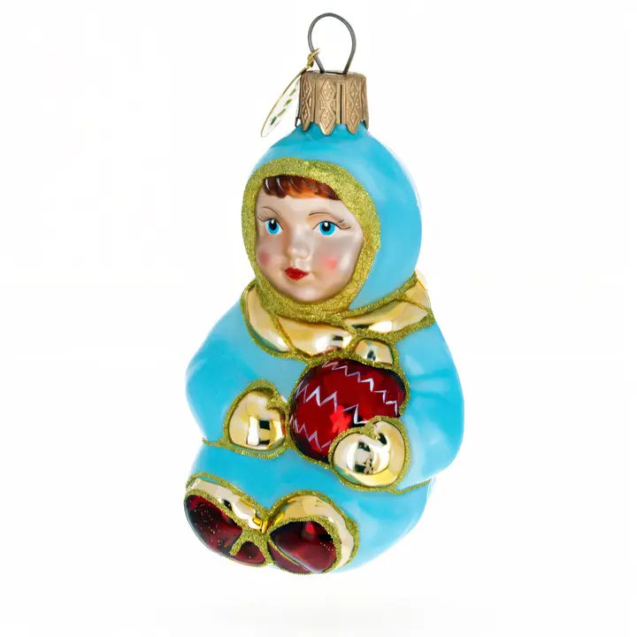 Toddler in Blue Glass Ornament