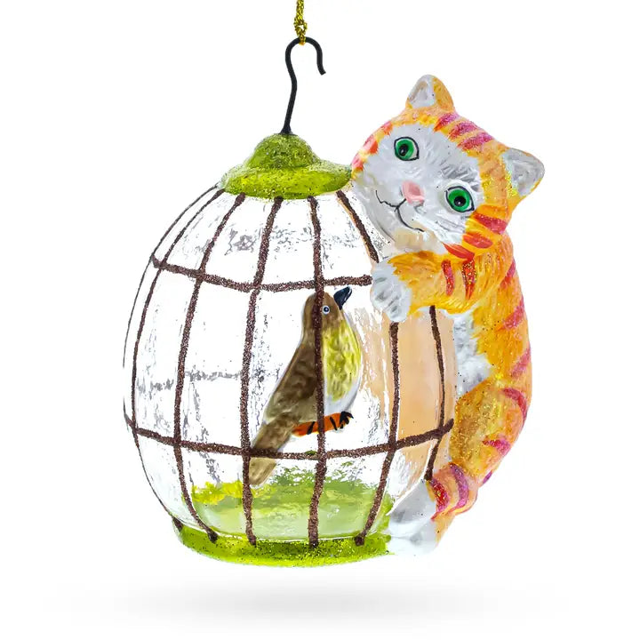 Curious Cat and Caged Bird Glass Ornament