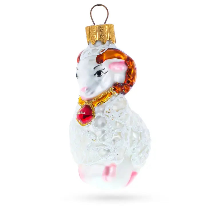 White Ram with Red Bell Glass Ornament