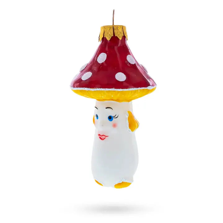 Mushroom with Red Cap and White Dots Glass Ornament