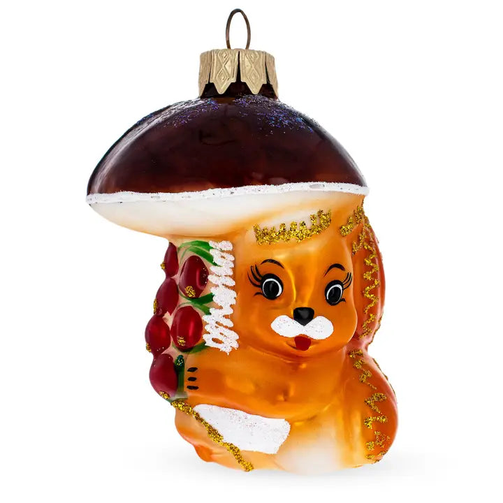 Squirrel Under Mushroom Glass Ornament